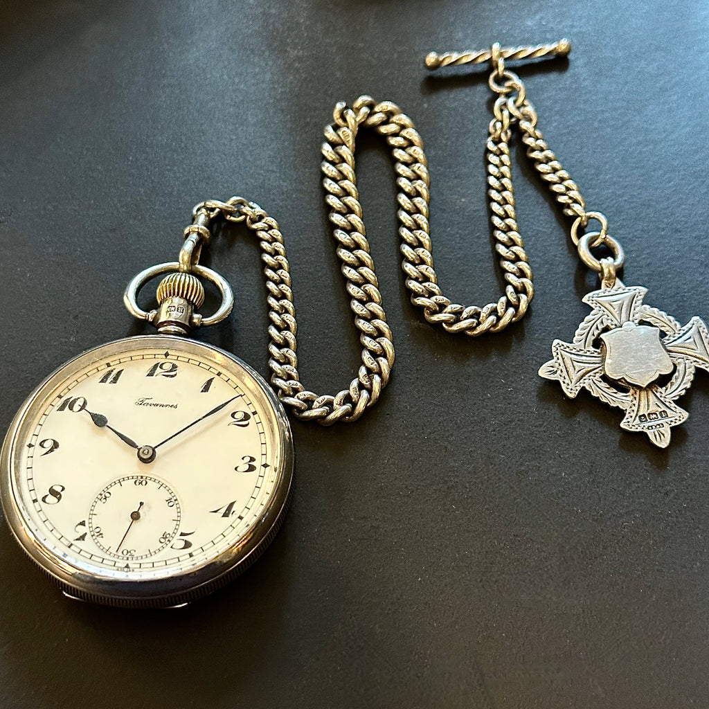 TAVANNES STERLING SILVER POCKET WATCH & CHAIN with FOB
