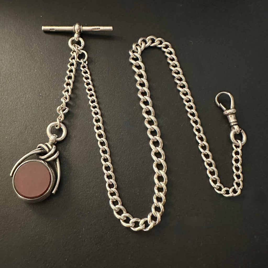 ENGLISH SILVER POCKET WATCH CHAIN WITH FOB