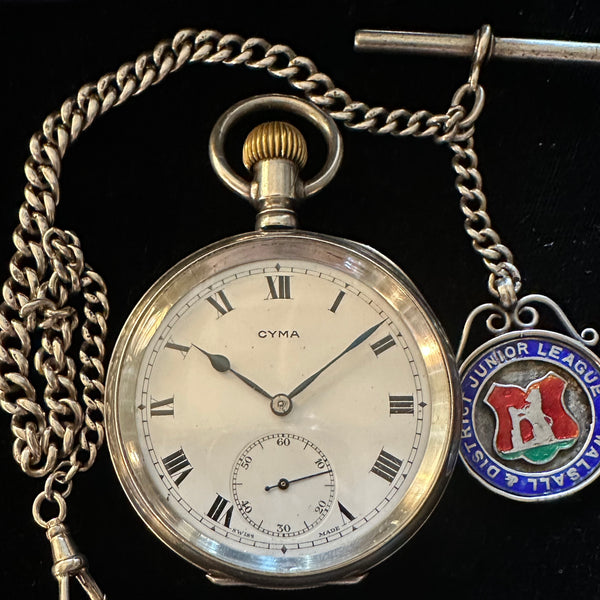 ENGLISH STERLING SILVER POCKET WATCH AND CHAIN