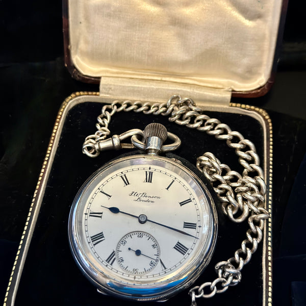 ENGLISH SILVER J W BENSON POCKET WATCH "THE BANK" with CHAIN