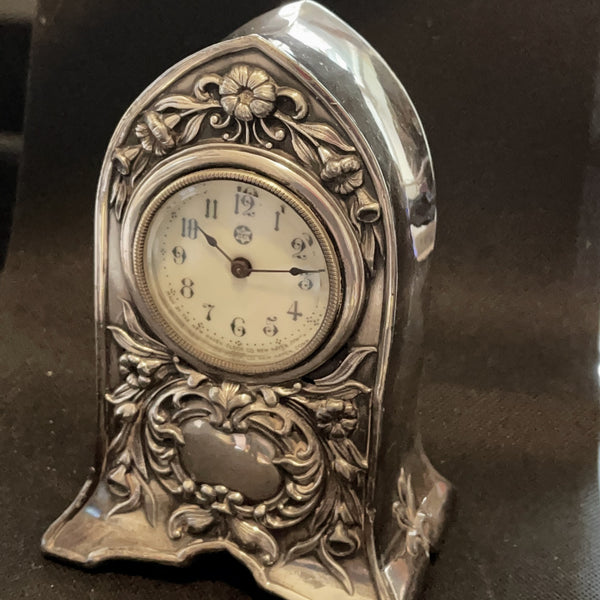 Embossed silver plated mantle clock floral design sold 7