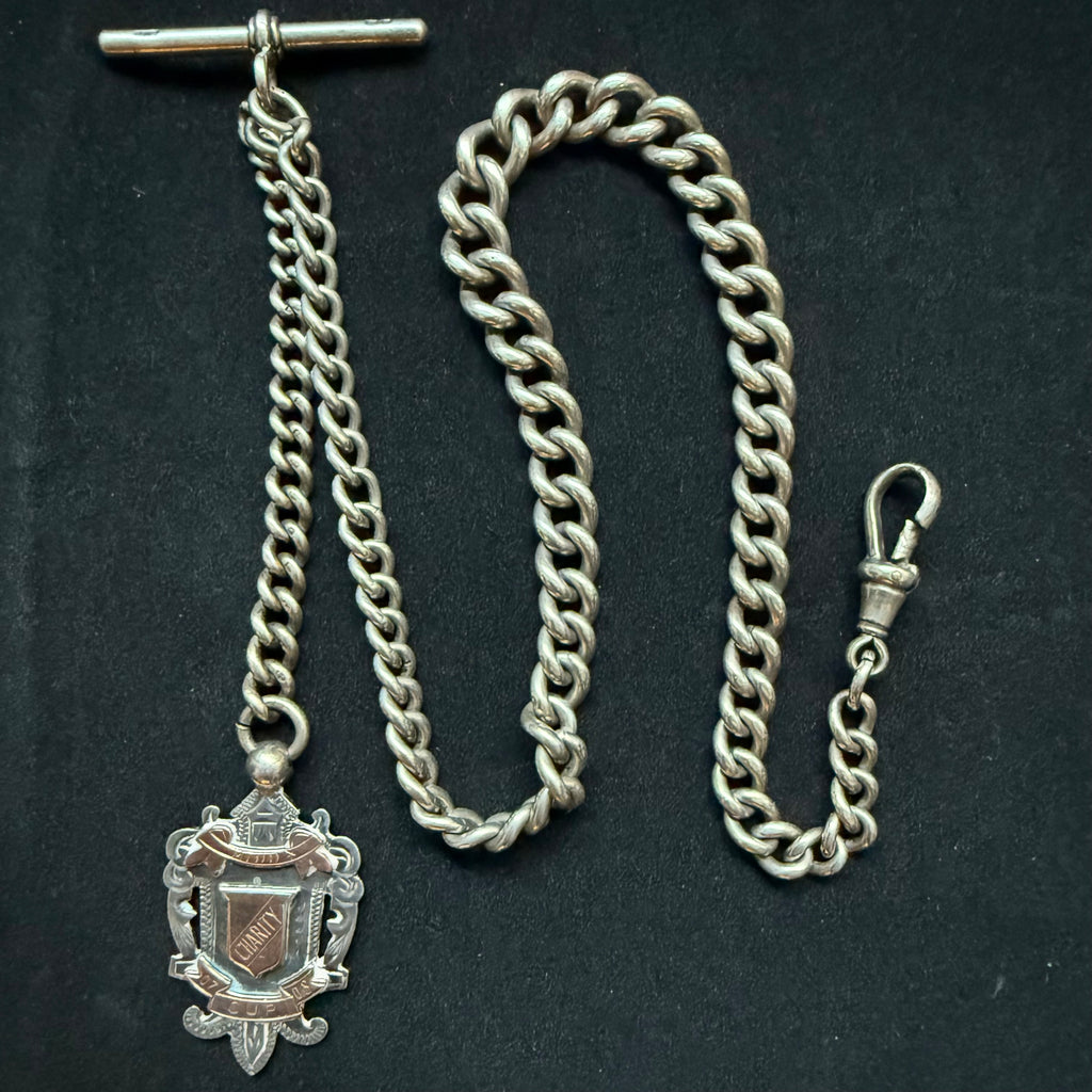 ANTIQUE VICTORIAN STERLING SILVER ALBERT WATCH CHAIN WITH HERALDIC FOB