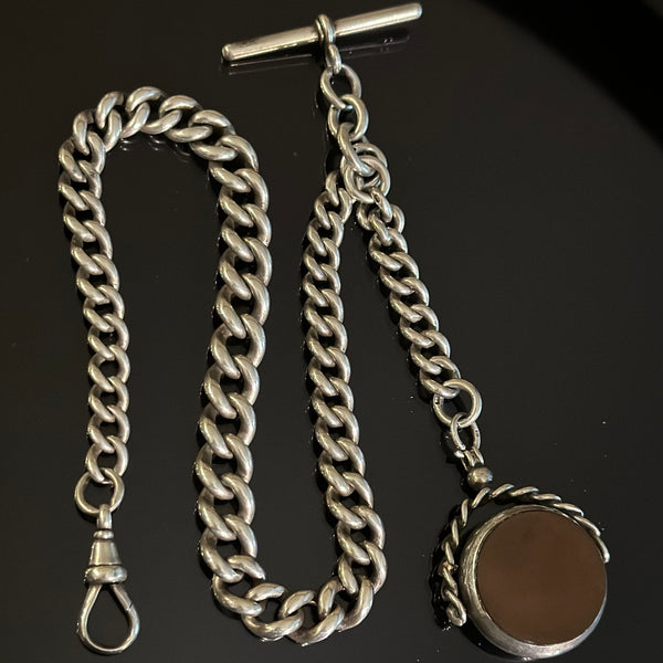 ENGLISH STERLING POCKET WATCH CHAIN & FOB