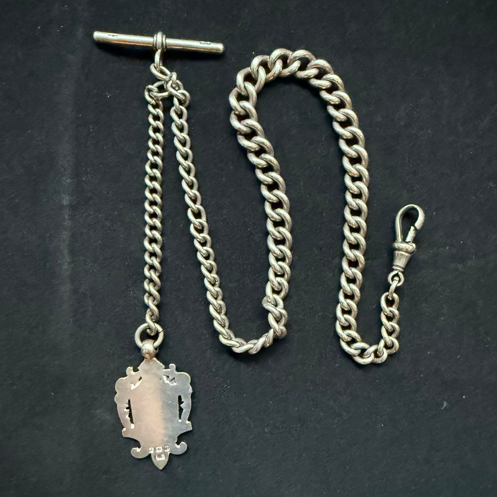 ANTIQUE VICTORIAN STERLING SILVER ALBERT WATCH CHAIN WITH HERALDIC FOB