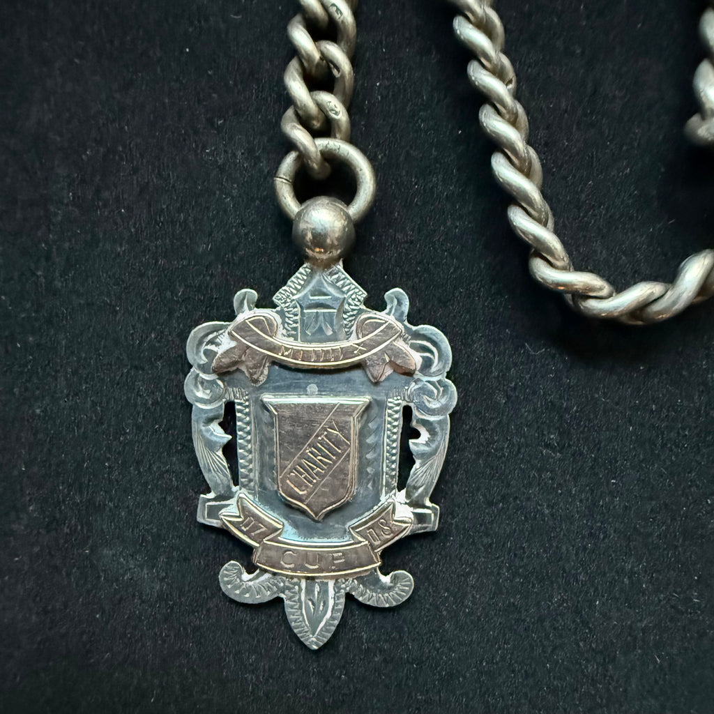 ANTIQUE VICTORIAN STERLING SILVER ALBERT WATCH CHAIN WITH HERALDIC FOB