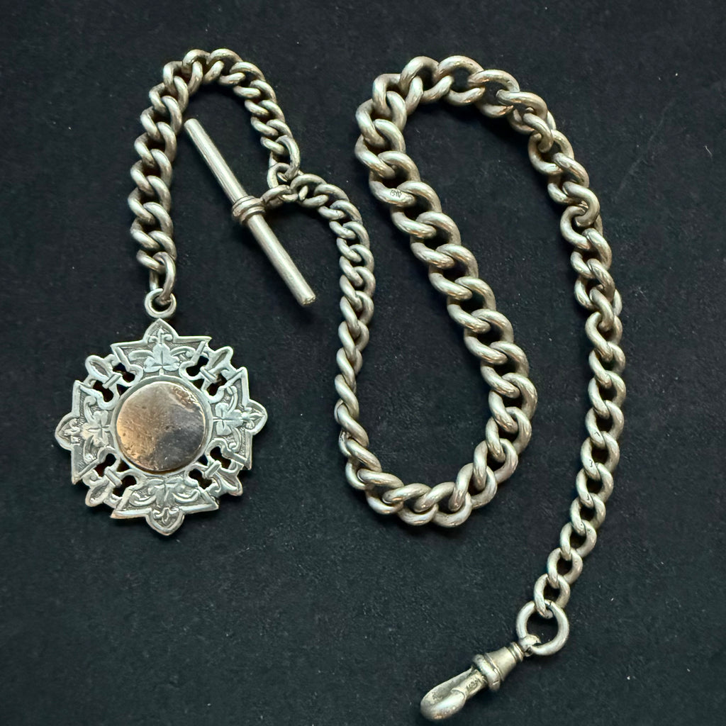 Antique Victorian Sterling Silver Albert Watch Chain with Pierced Monogram Fob