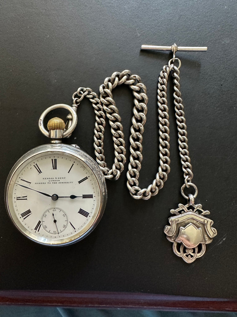KENDAL AND DENT SILVER  ENGLISH POCKET WATCH WITH CHAIN AND FOB