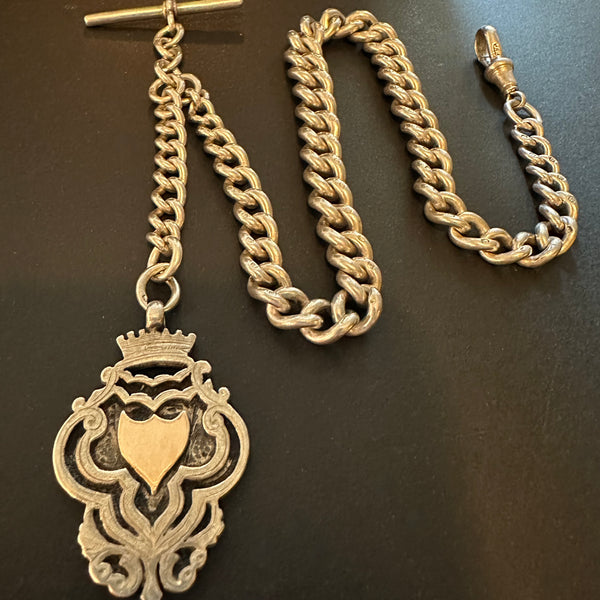 ANTIQUE SILVER POCKET WATCH CHAIN  & FOB 1912.