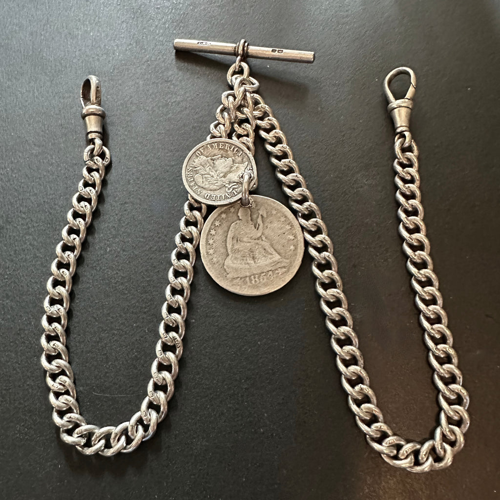 ANTIQUE SILVER DOUBLE ALBERT WITH COIN FOBS