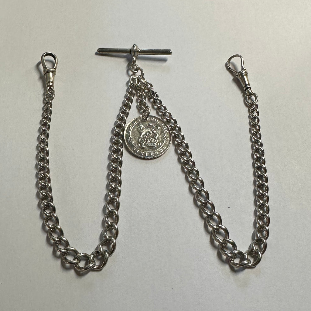 ANTIQUE SILVER DOUBLE ALBERT WITH A COIN FOB