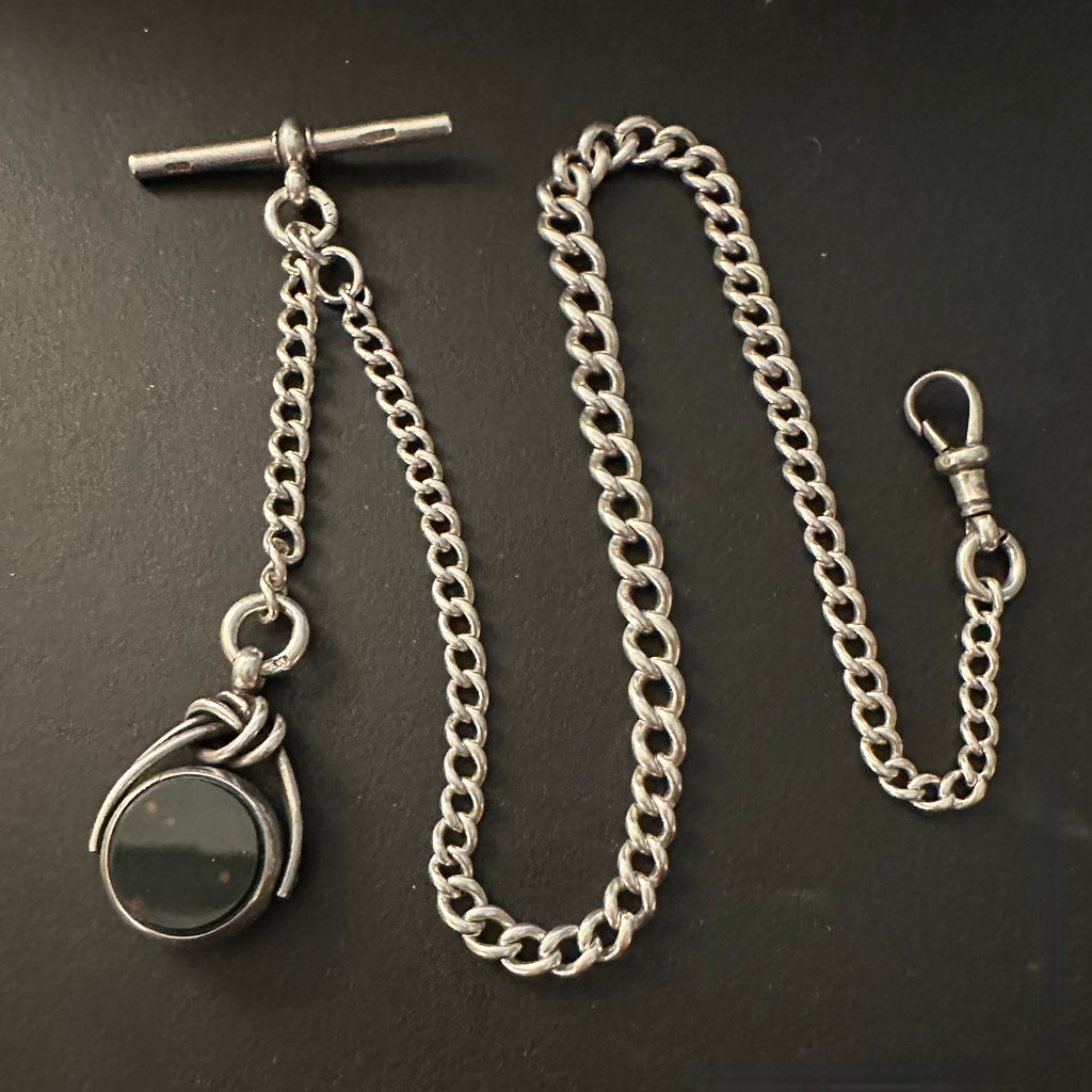 ENGLISH SILVER POCKET WATCH CHAIN WITH FOB