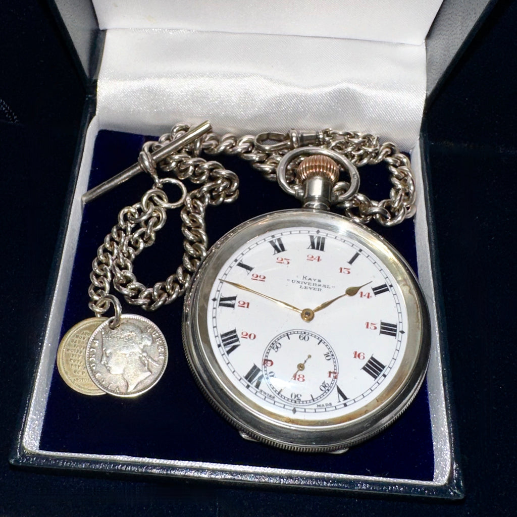 KAYS UNIVERSAL SILVER POCKET WATCH AND CHAIN with FOB