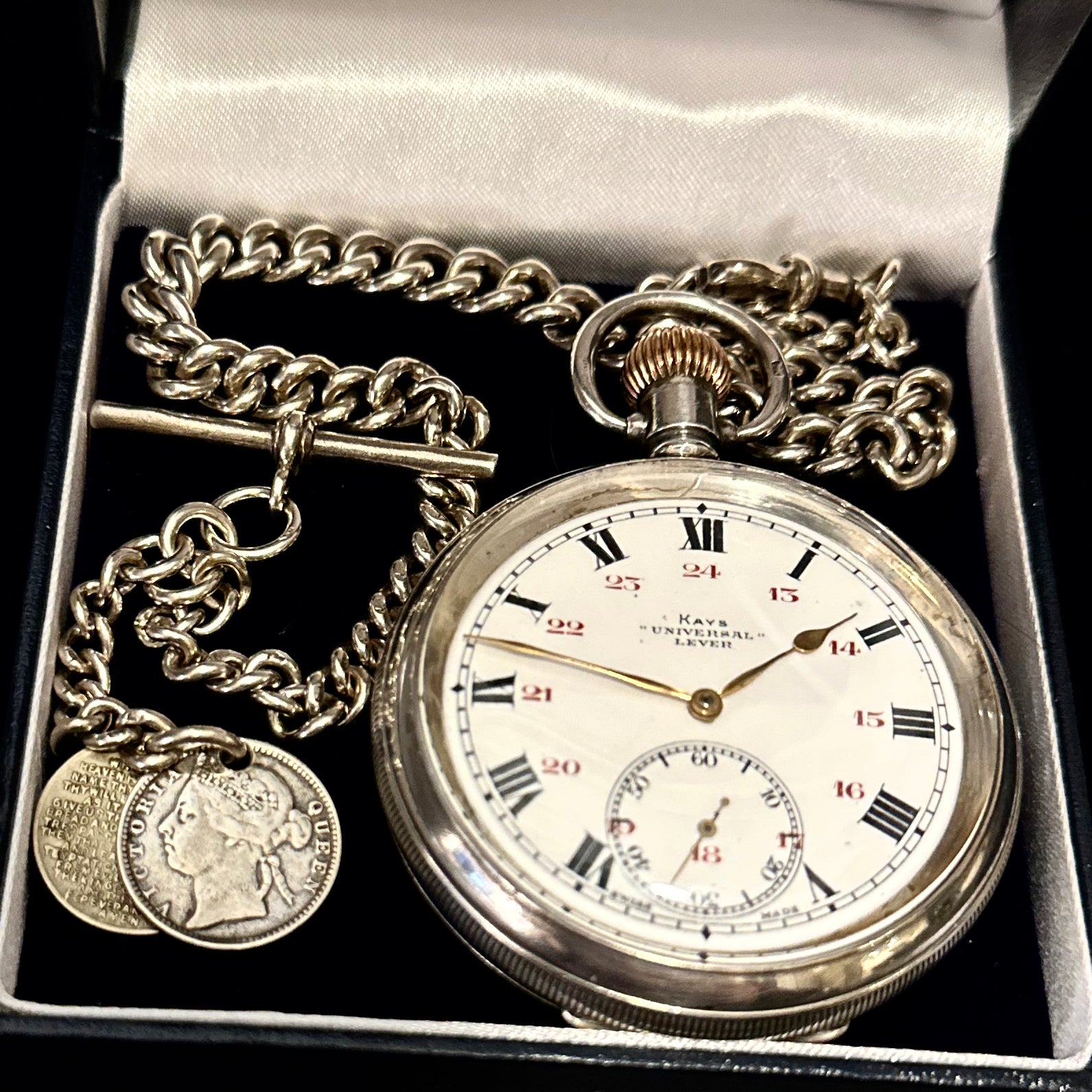 KAYS UNIVERSAL SILVER POCKET WATCH AND CHAIN with FOB Ashton