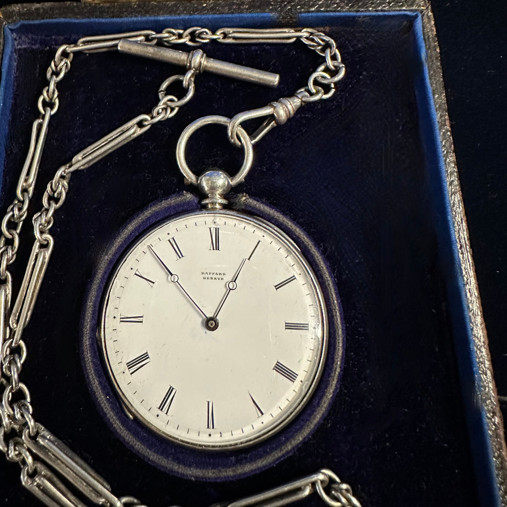 SWISS SILVER POCKET WATCH AND CHAIN