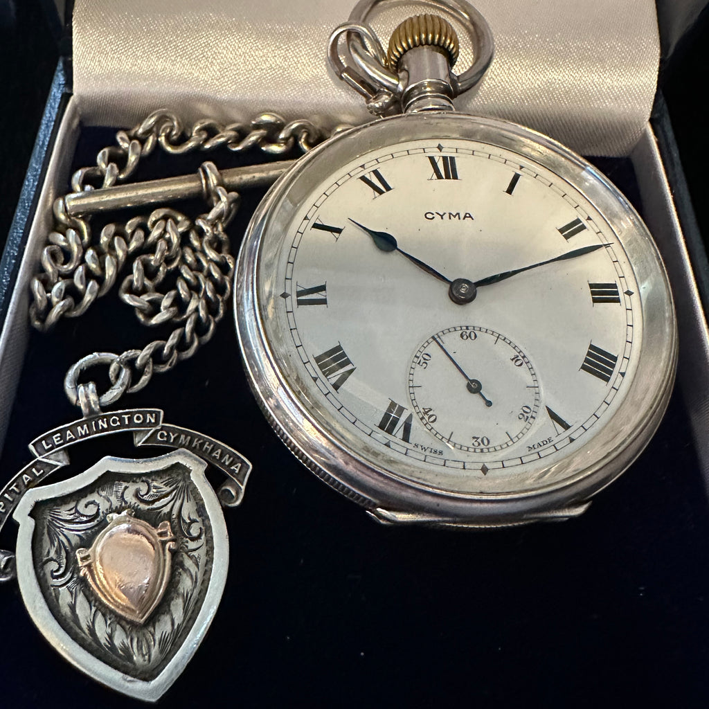 ENGLISH STERLING SILVER POCKET WATCH AND CHAIN