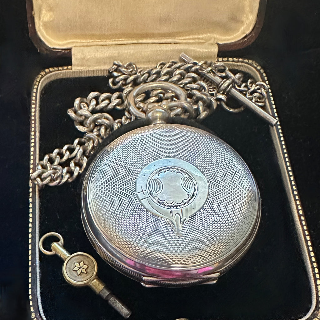 KENDAL & DENT SILVER ENGLISH POCKET WATCH WITH CHAIN