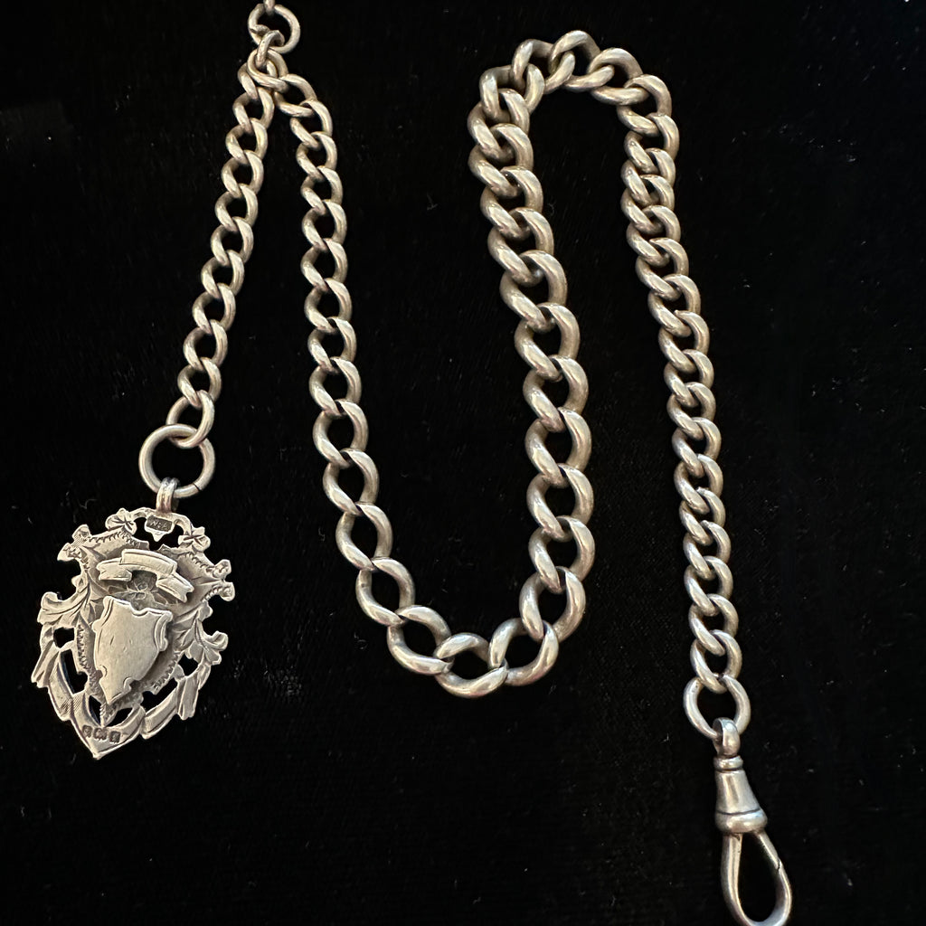 ENGLISH SILVER POCKET WATCH CHAIN & FOB