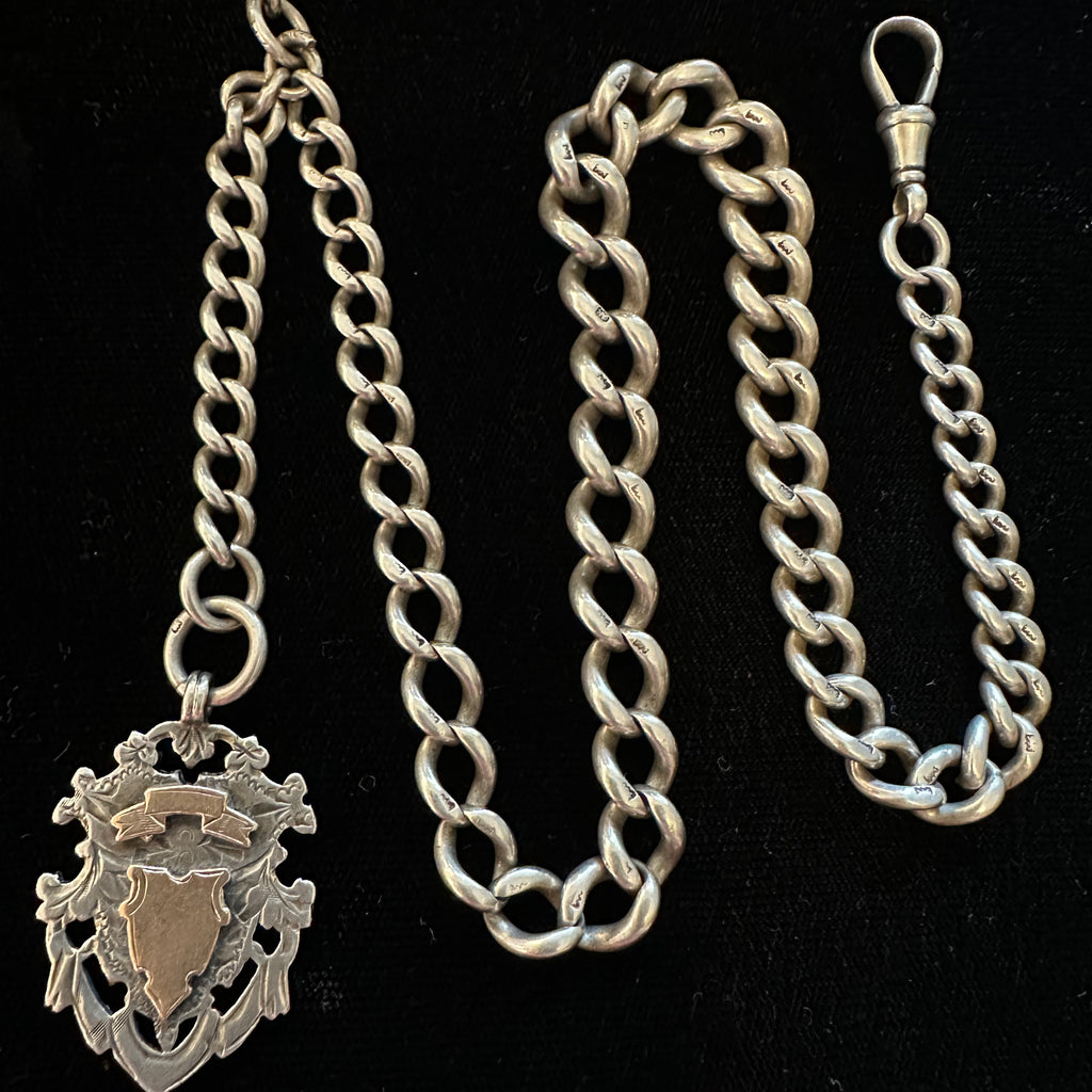 ENGLISH SILVER POCKET WATCH CHAIN & FOB