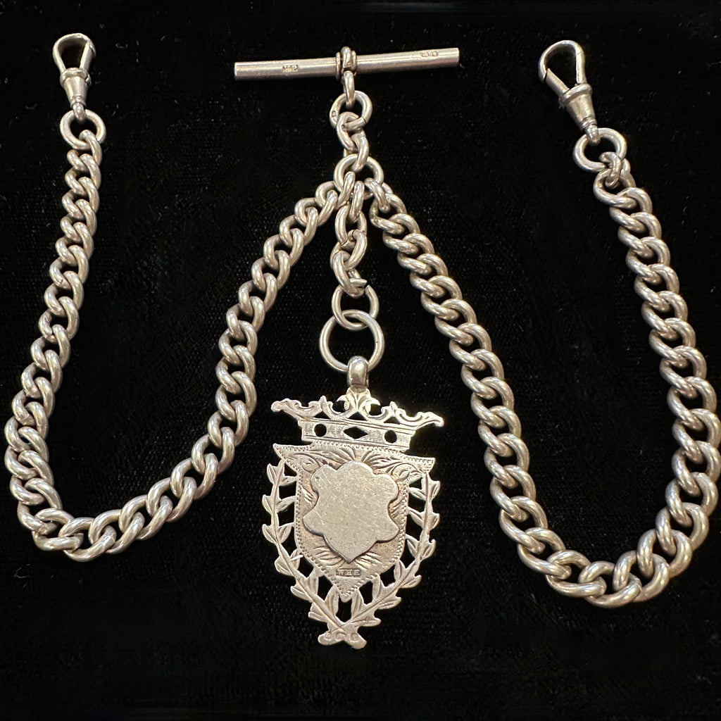 ENGLISH DOUBLE ALBERT SILVER POCKET WATCH CHAIN & FOB