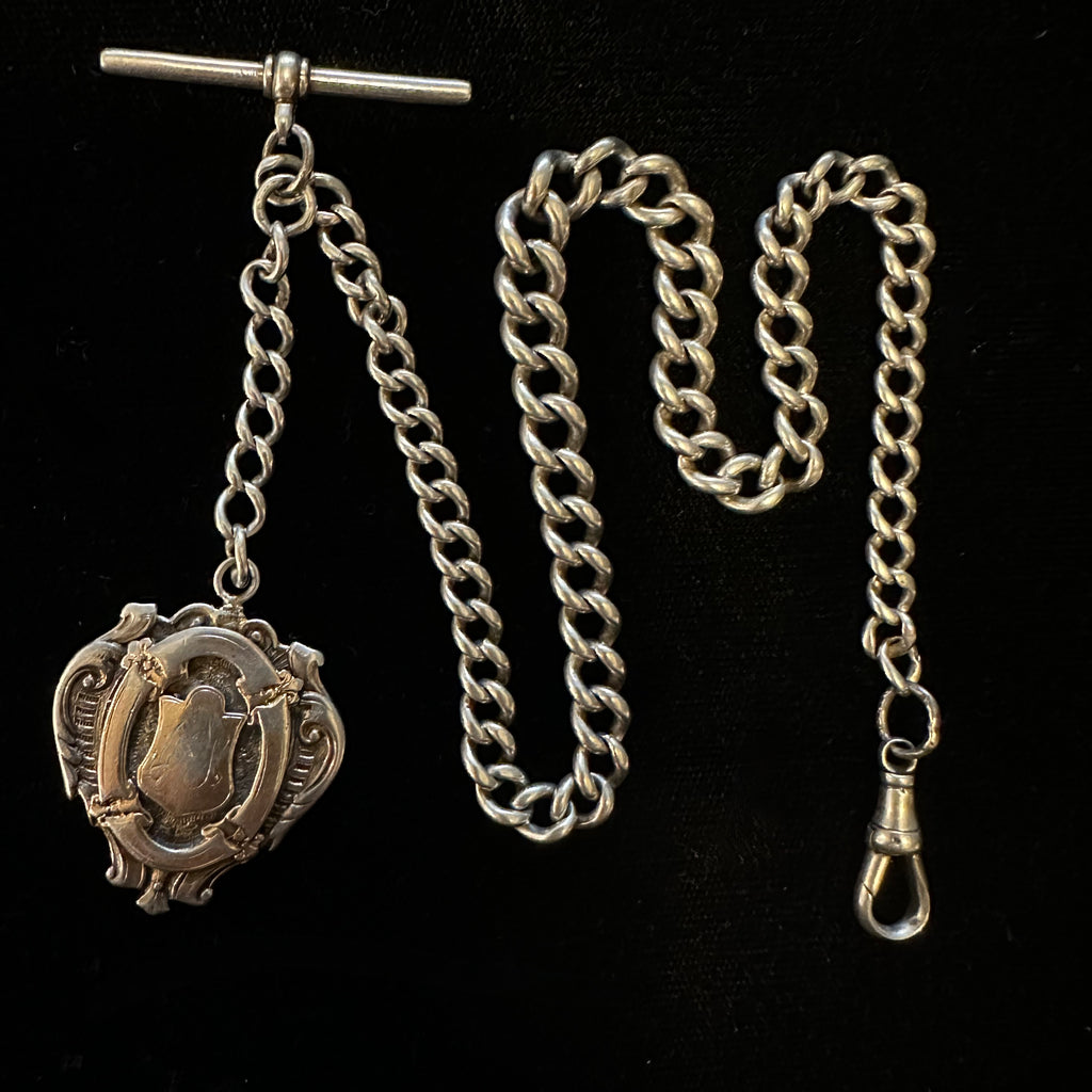 ENGLISH SILVER VINTAGE POCKET WATCH CHAIN & FOB