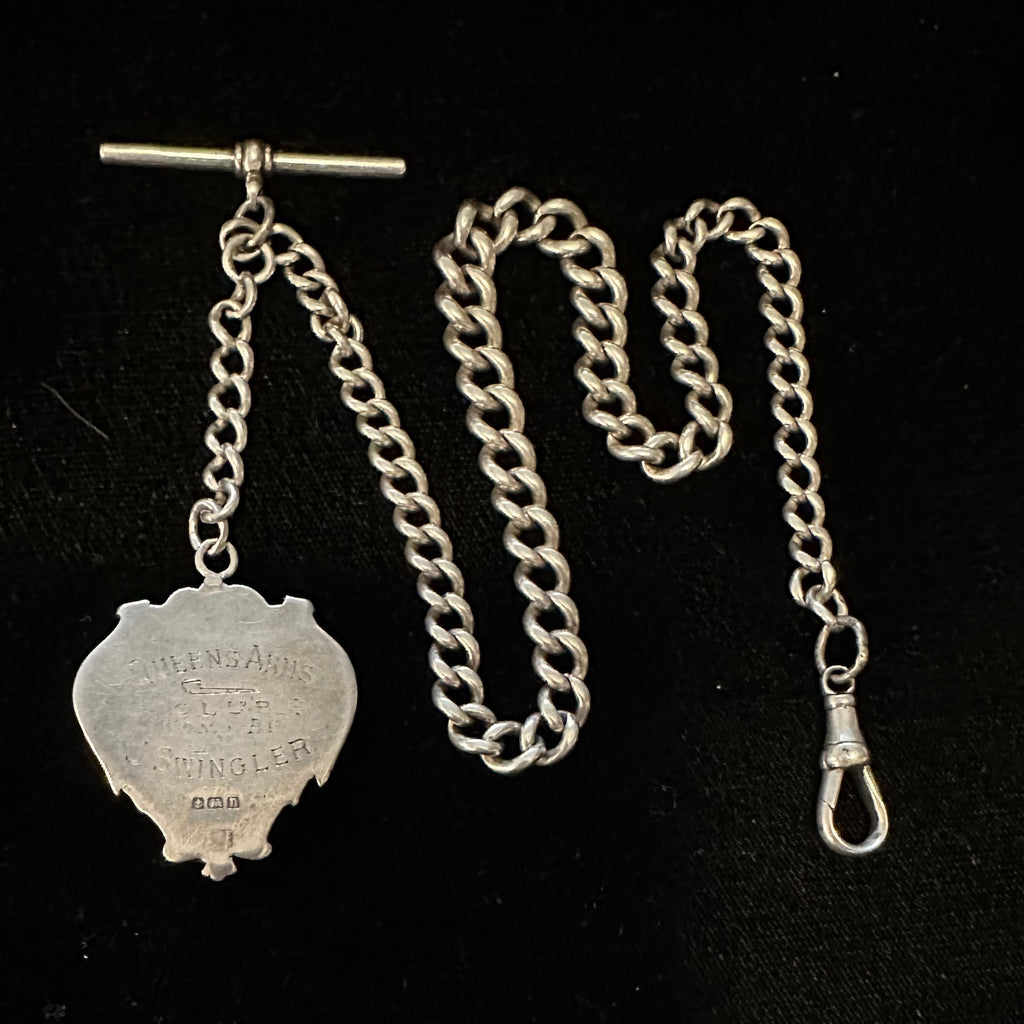 ENGLISH SILVER VINTAGE POCKET WATCH CHAIN & FOB