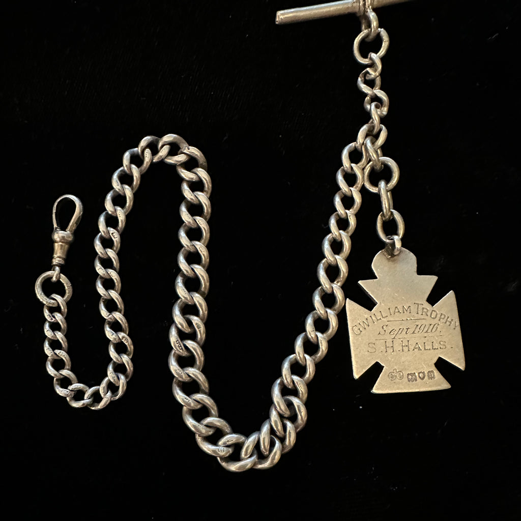 ENGLISH ANTIQUE SILVER POCKET WATCH CHAIN & FOB