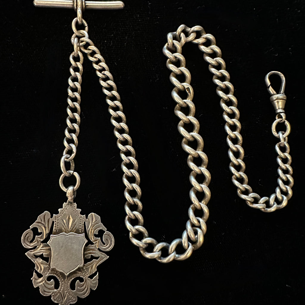 ENGLISH ANTIQUE SILVER POCKET WATCH CHAIN & FOB