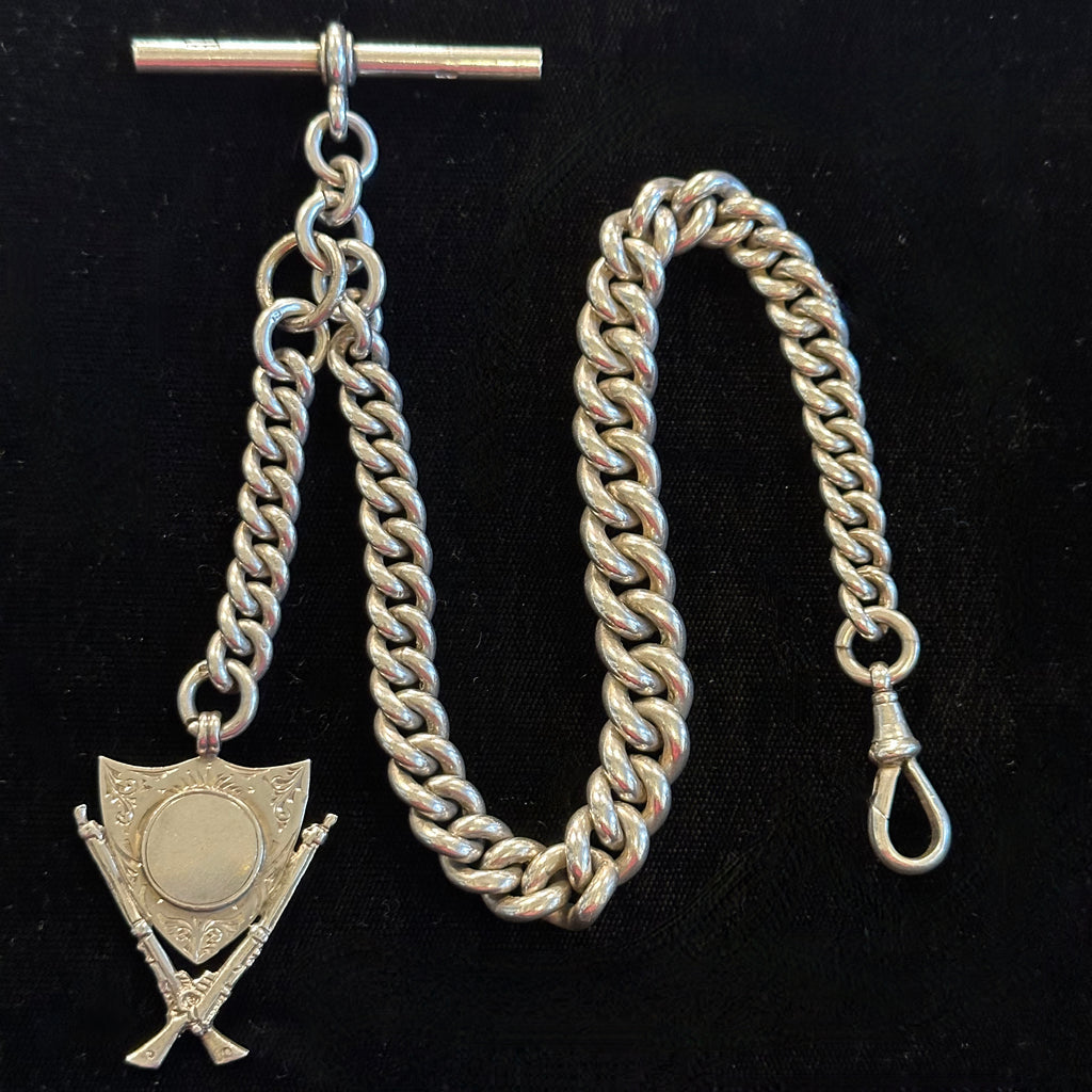 ENGLISH ANTIQUE SILVER POCKET WATCH CHAIN & FOB     B188