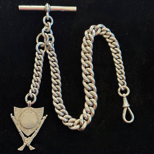 ENGLISH ANTIQUE SILVER POCKET WATCH CHAIN & FOB     9/17