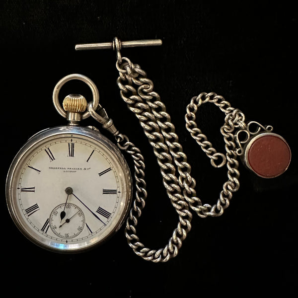 GRENFELL & FRAZIER SILVER MARBLE ARCH POCKET WATCH & CHAIN/FOB