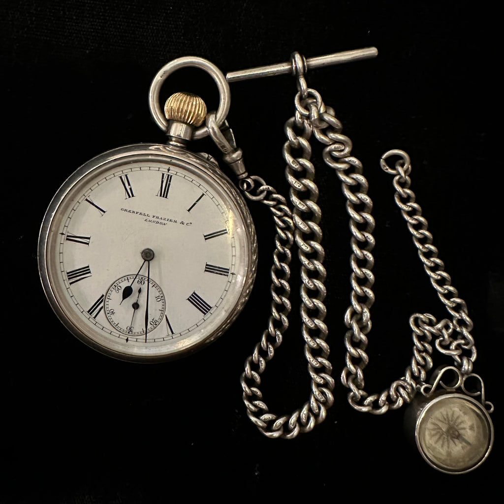 GRENFELL & FRAZIER SILVER MARBLE ARCH POCKET WATCH & CHAIN/FOB