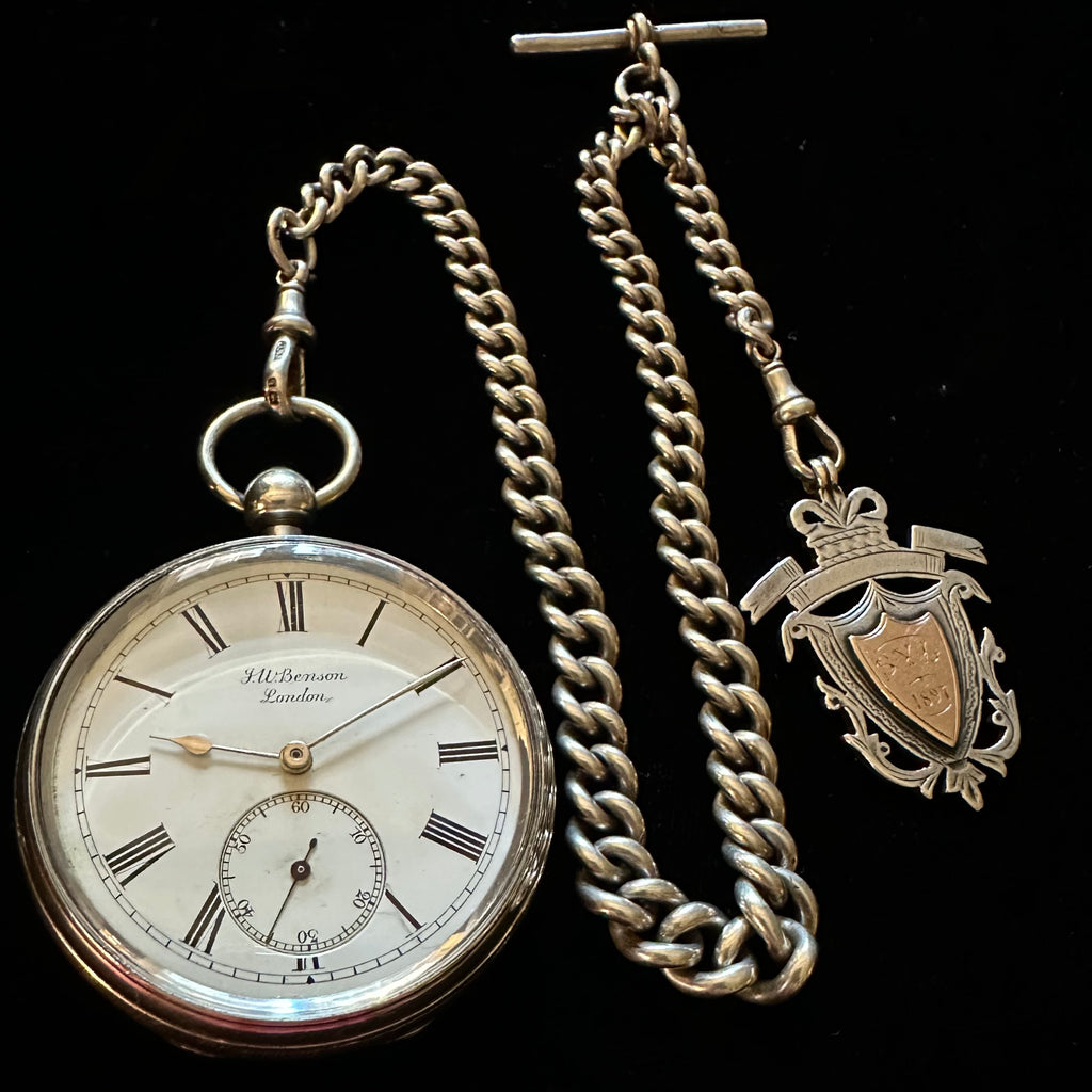 J W BENSON SILVER POCKET WATCH & CHAIN / FOB