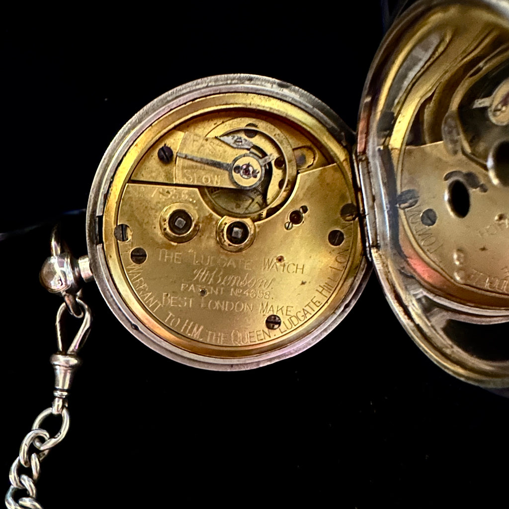 J W BENSON SILVER POCKET WATCH & CHAIN / FOB