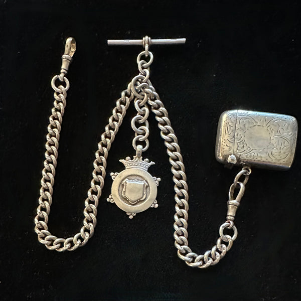 ENGLISH STERLING DOUBLE ALBERT WATCH CHAIN WITH FOBS