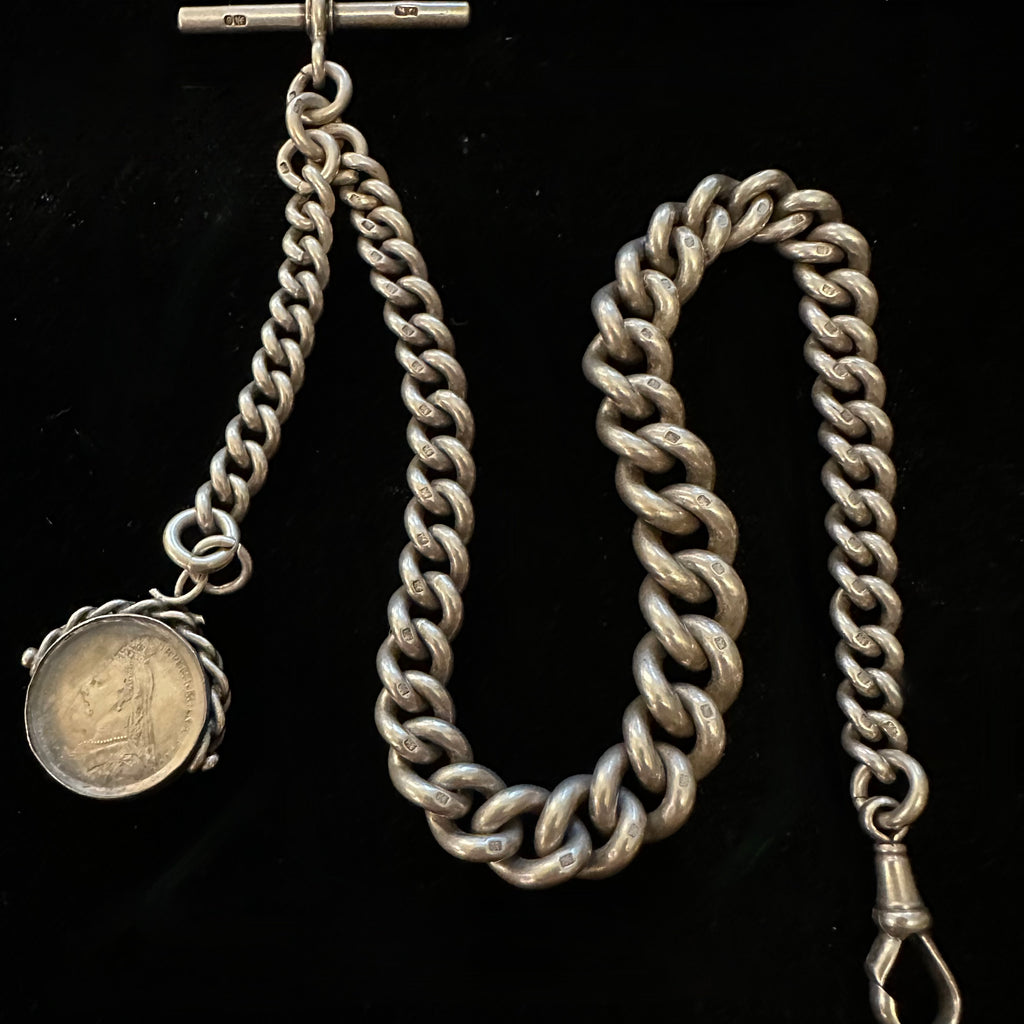 ANTIQUE SILVER ENGLISH POCKET WATCH CHAIN WITH QUEEN VICTORIA FOB