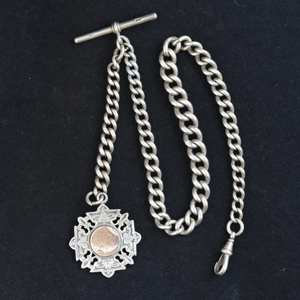 Antique Victorian Sterling Silver Albert Watch Chain with Pierced Monogram Fob