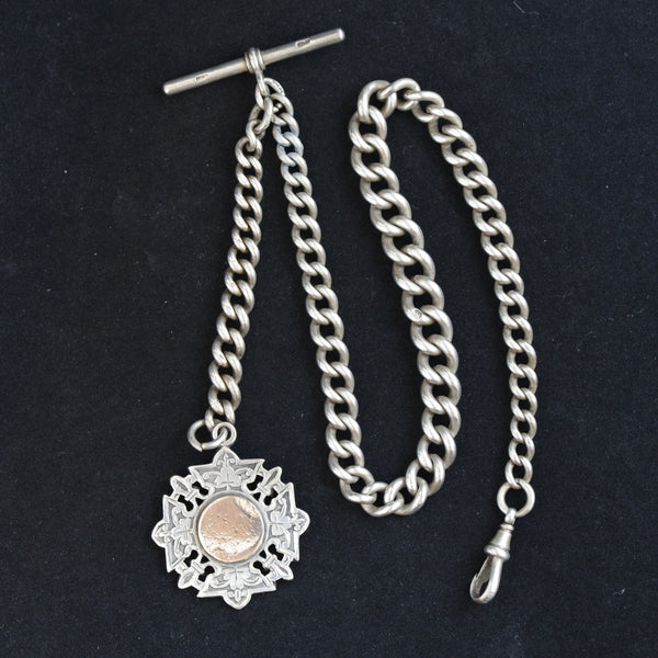 Antique Victorian Sterling Silver Albert Watch Chain with Pierced Monogram Fob