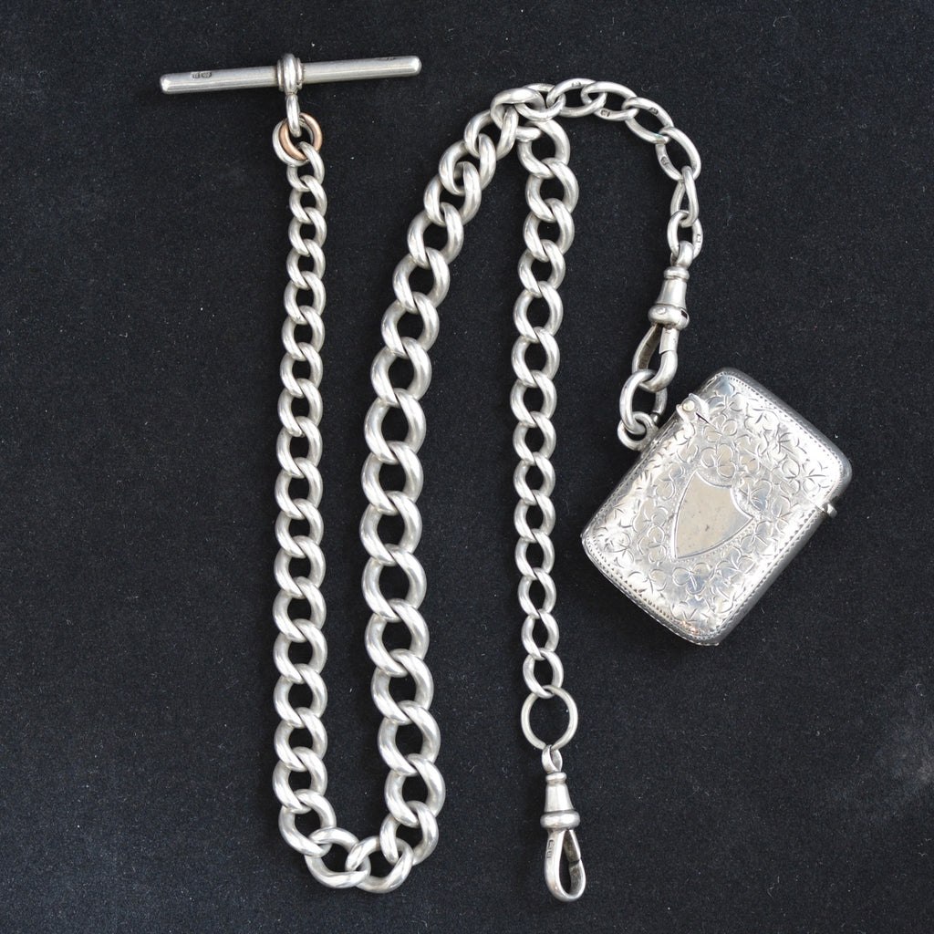 Antique Victorian Sterling Silver Albert Watch Chain with Vesta (Match) Case Fob