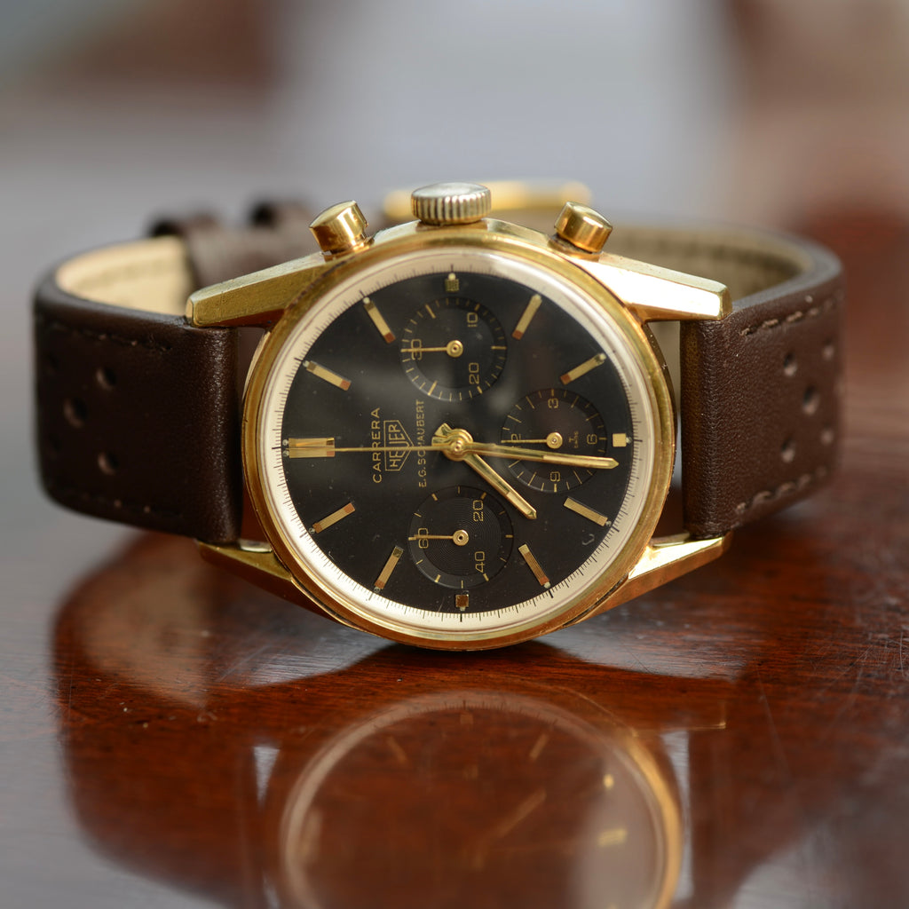 Early 1960's Heuer Carrera 2448N – 18K Solid Gold Black Dial
