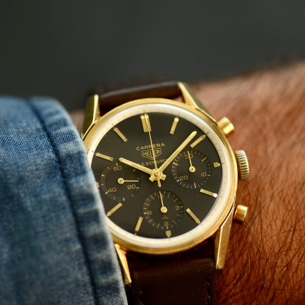 Early 1960's Heuer Carrera 2448N – 18K Solid Gold Black Dial