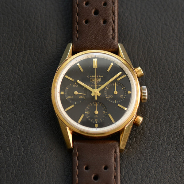 Early 1960's Heuer Carrera 2448N – 18K Solid Gold Black Dial