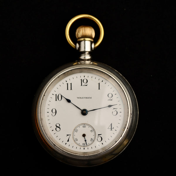 Antique 1900 Waltham 15-Jewel Silver Pocket Watch with Gold & Silver Locomotive Inlay