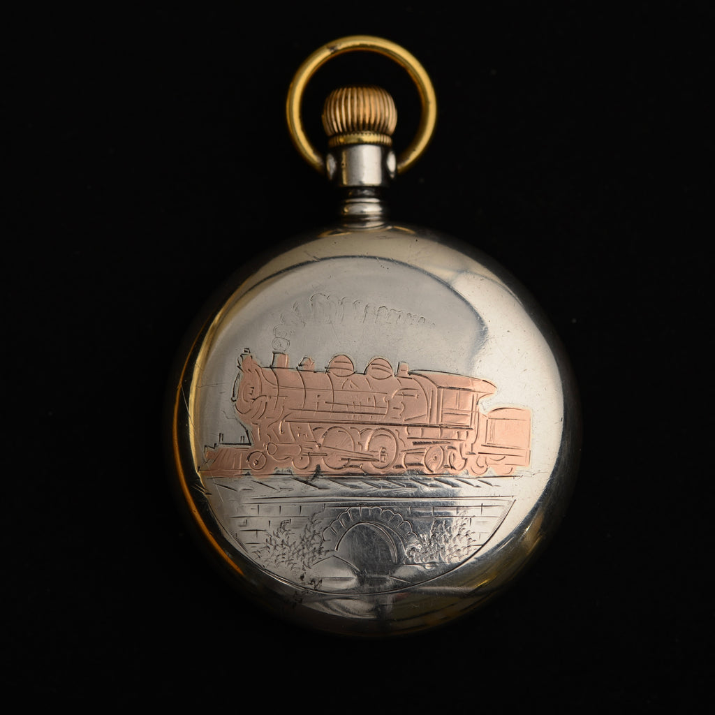 Antique 1900 Waltham 15-Jewel Silver Pocket Watch with Gold & Silver Locomotive Inlay