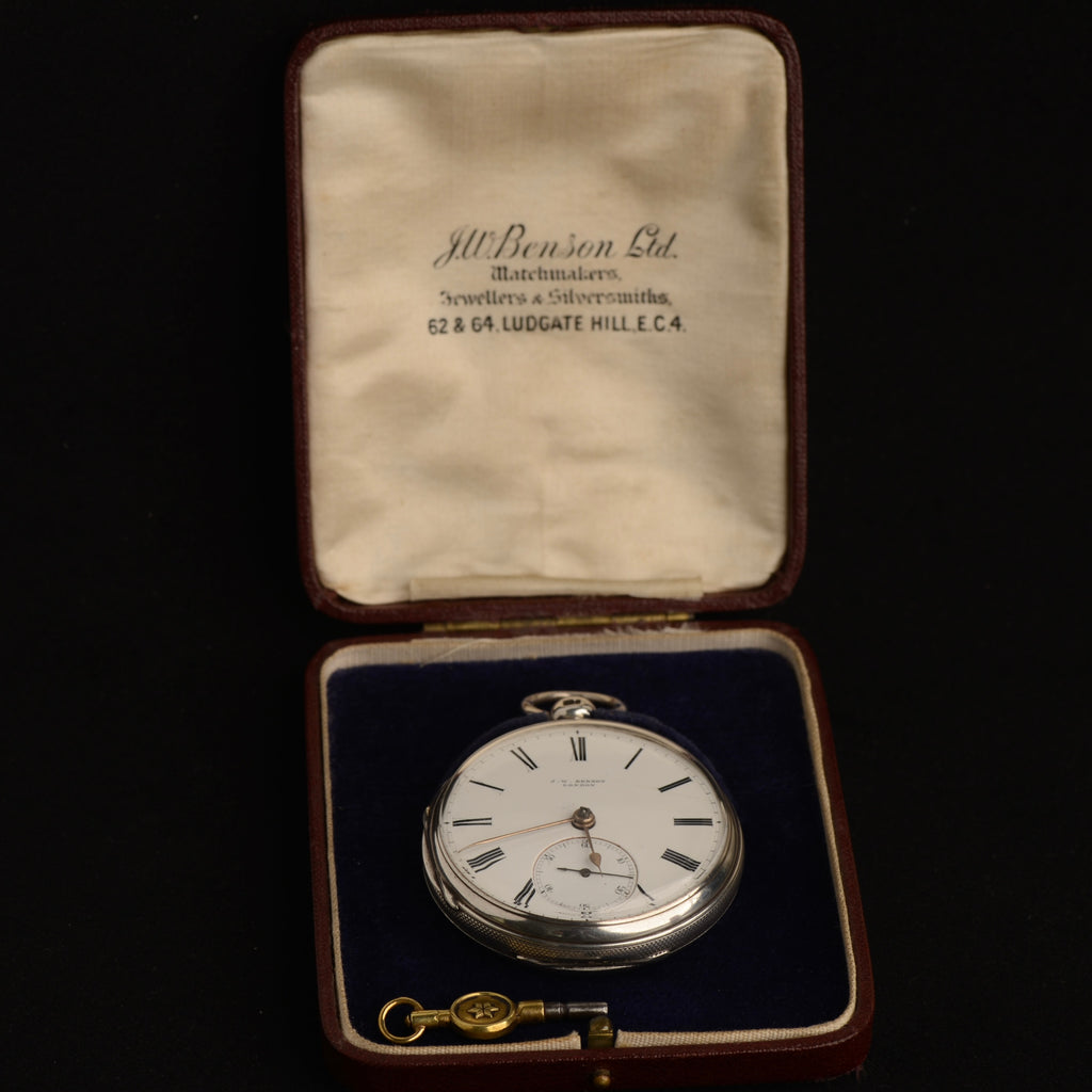 1882 J.W. Benson Victorian Silver Swing-Out Pocket Watch + Original Box