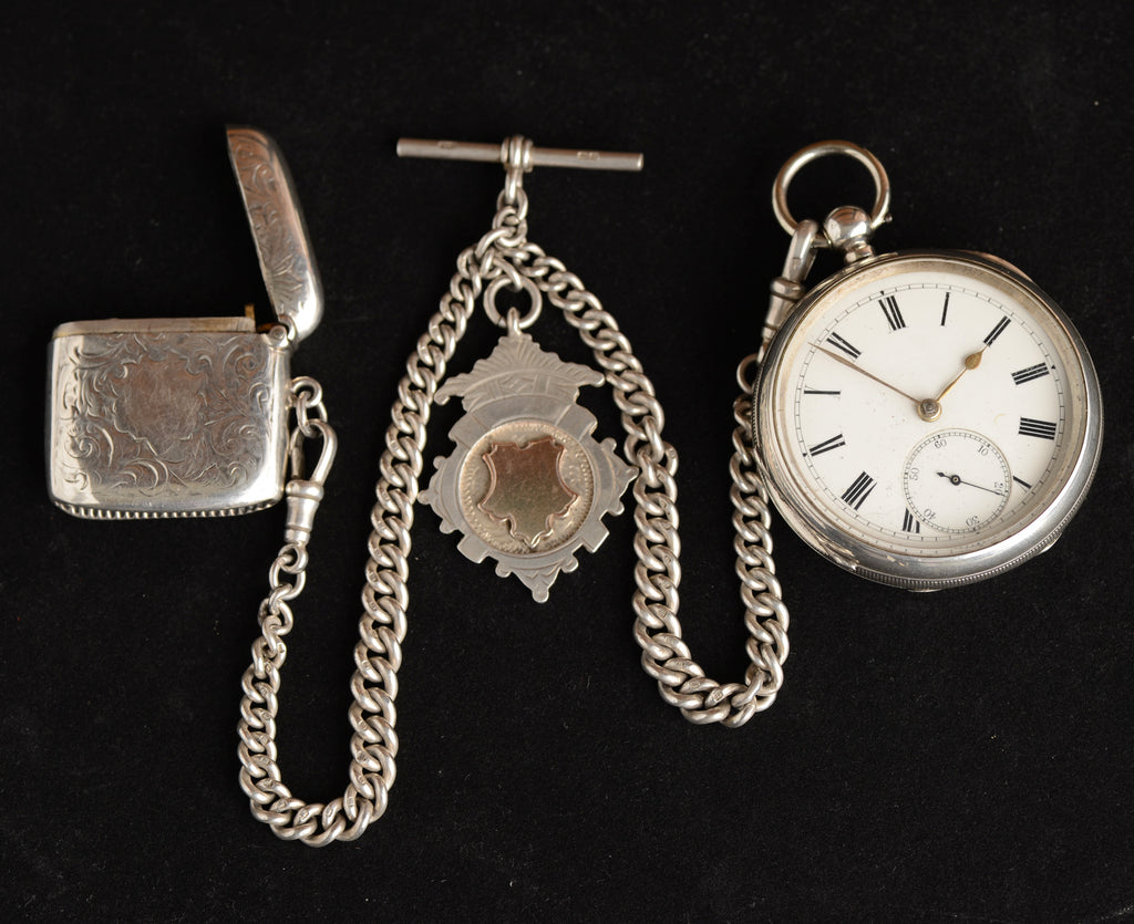 1896 William Ehrhardt Victorian Silver English Lever Pocket Watch – Double Albert Chain, Vesta & Fob