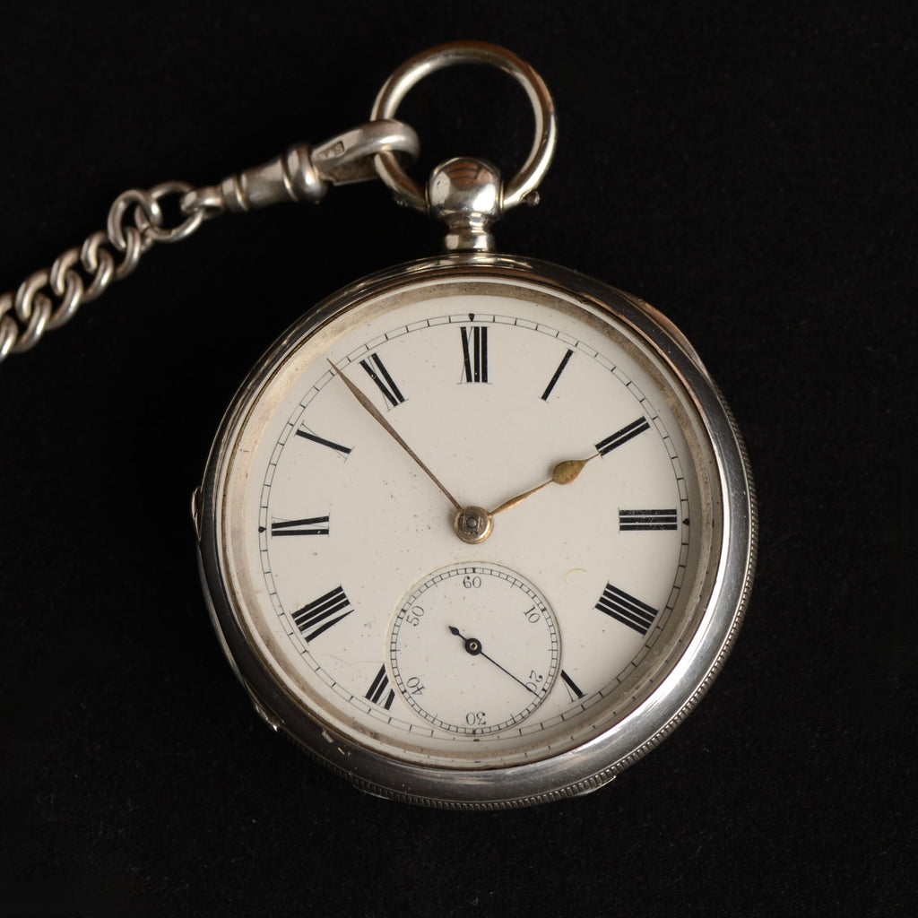 1896 William Ehrhardt Victorian Silver English Lever Pocket Watch – Double Albert Chain, Vesta & Fob