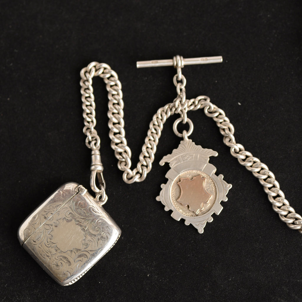 1896 William Ehrhardt Victorian Silver English Lever Pocket Watch – Double Albert Chain, Vesta & Fob