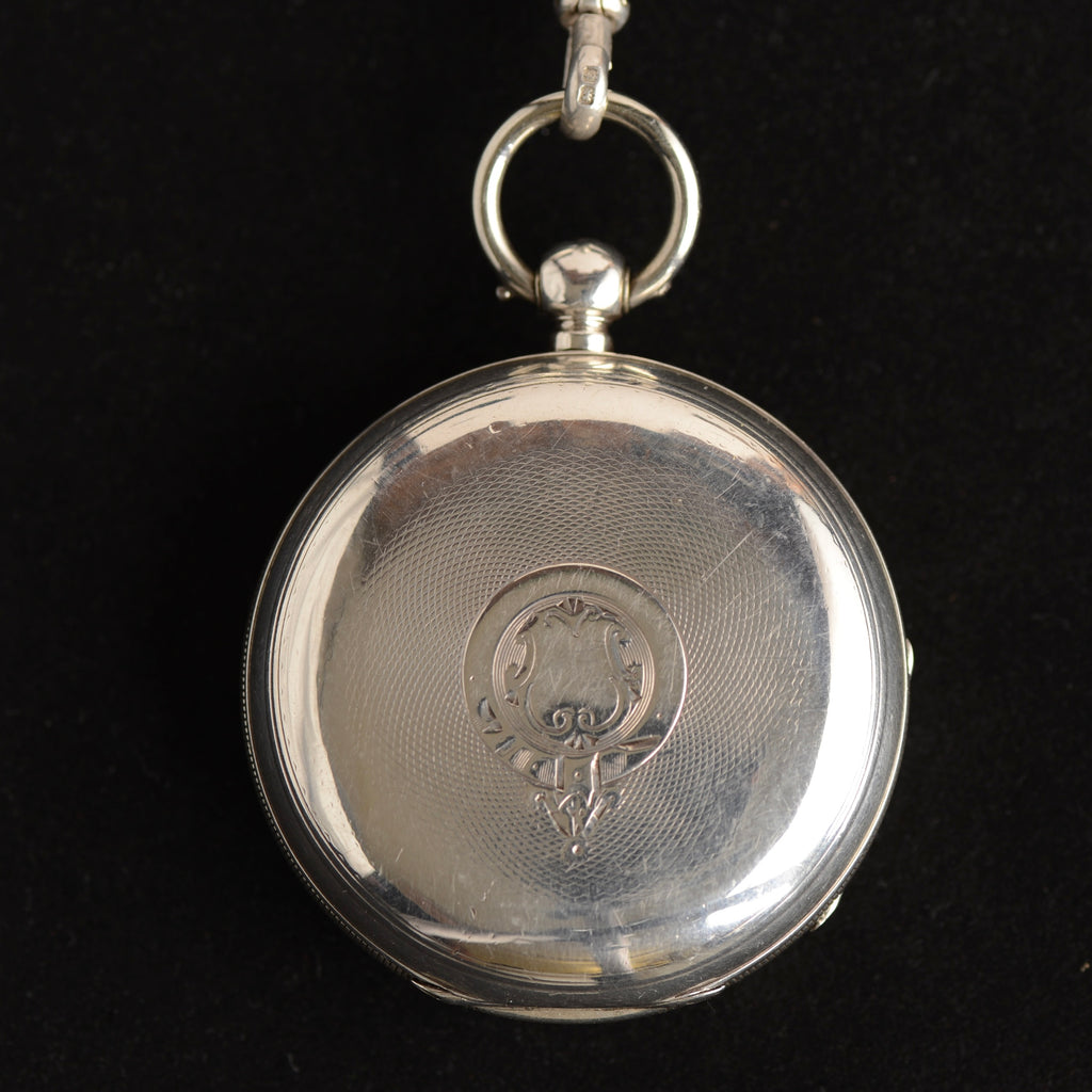 1896 William Ehrhardt Victorian Silver English Lever Pocket Watch – Double Albert Chain, Vesta & Fob