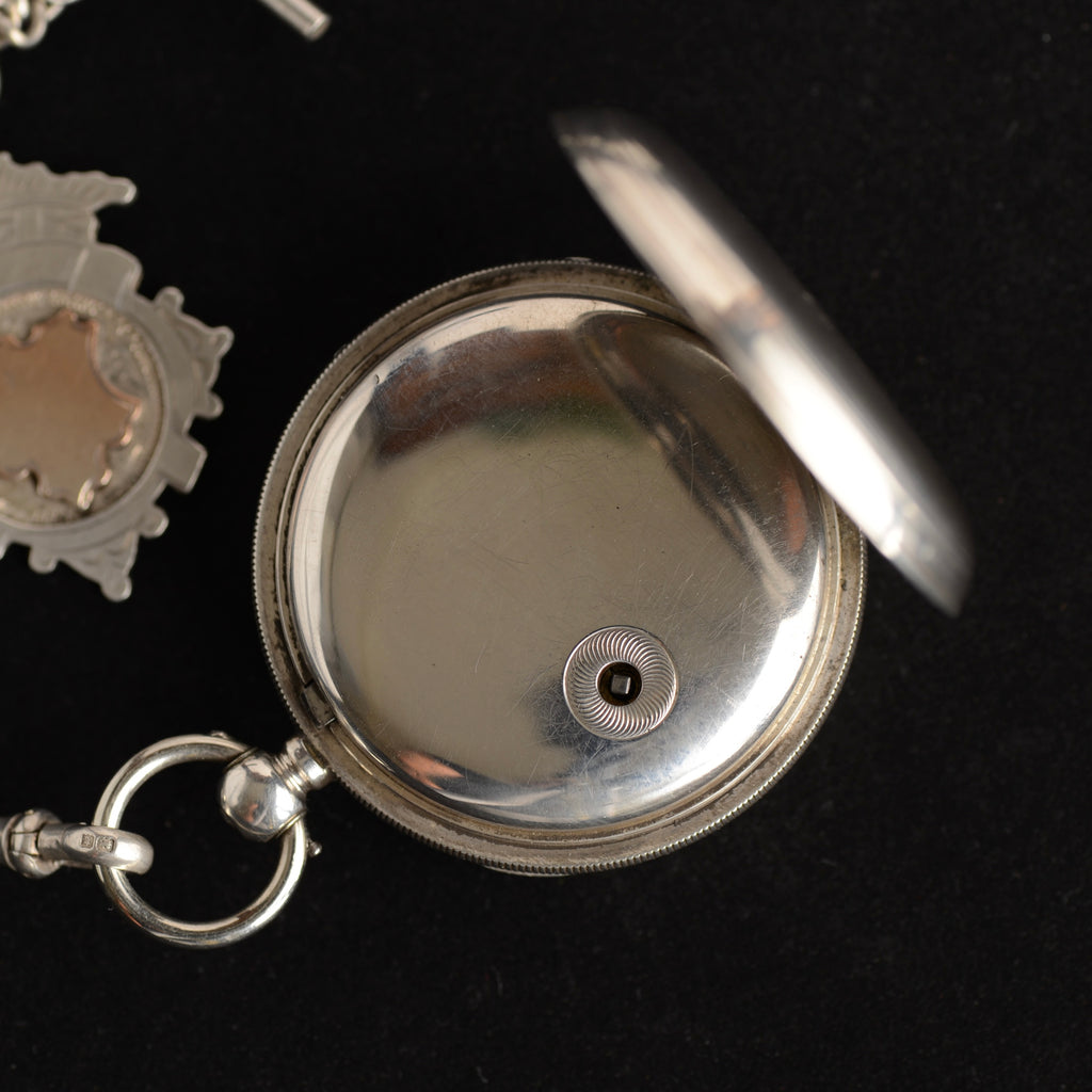 1896 William Ehrhardt Victorian Silver English Lever Pocket Watch – Double Albert Chain, Vesta & Fob