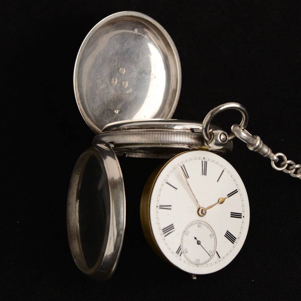 1896 William Ehrhardt Victorian Silver English Lever Pocket Watch – Double Albert Chain, Vesta & Fob